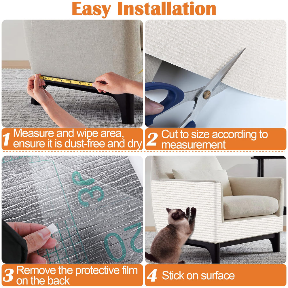 Inchoco Cat Scratch Pad on-sofa scenario illustrates durable protection during playful clawing.
