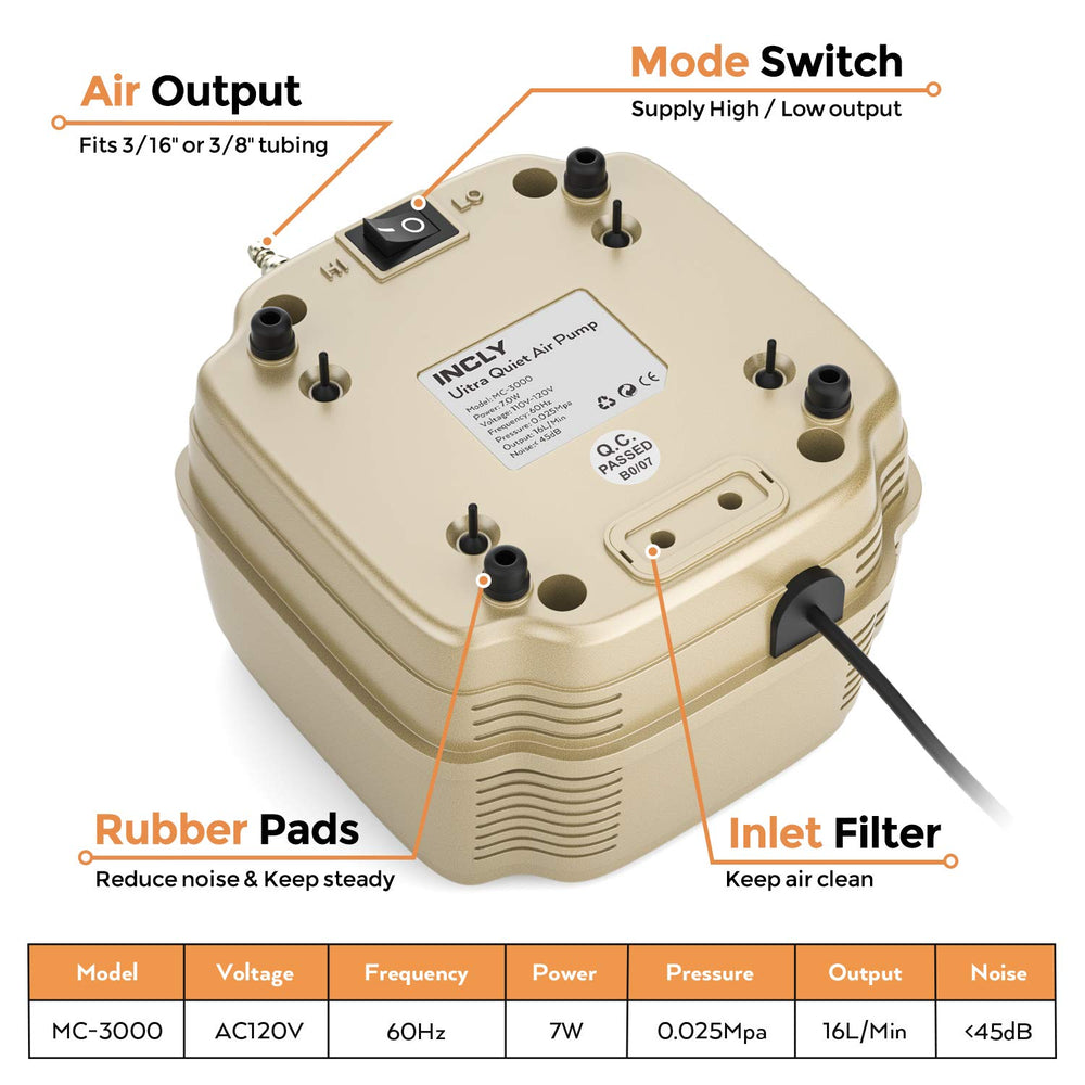 INCLY 7W Ultra Silent air pump packaging and labeling for easy setup.