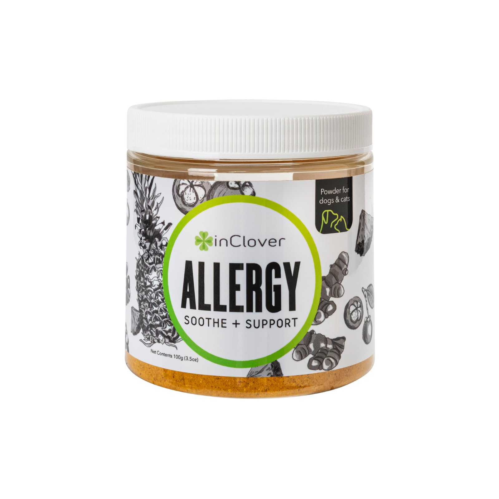 InClover allergy relief bottle shows turmeric and mangosteen for immune support