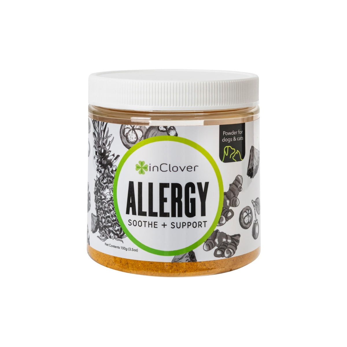 InClover allergy relief bottle shows turmeric and mangosteen for immune support