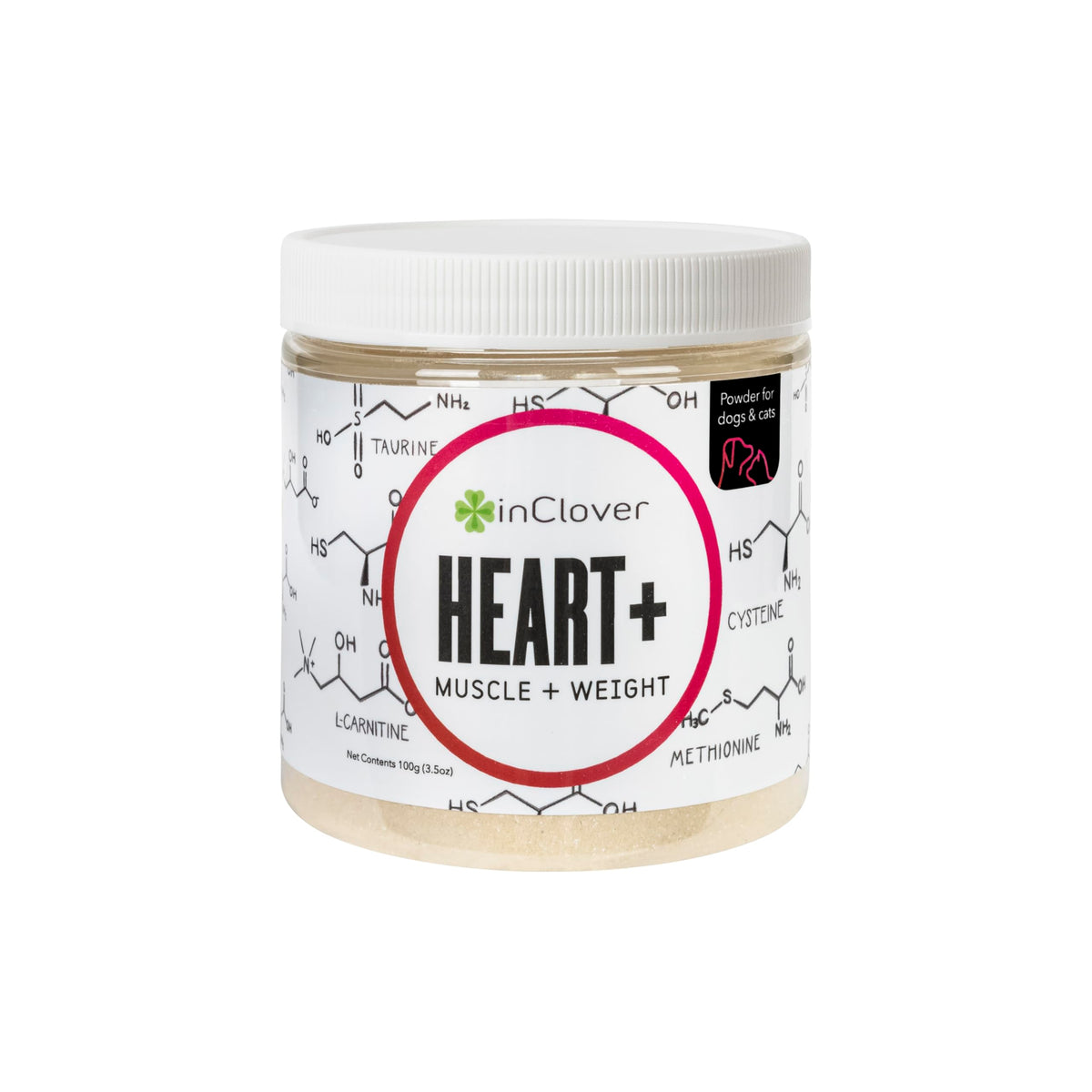 In Clover Heart+ bottle closeup illustrating convenient heart health support for pets.