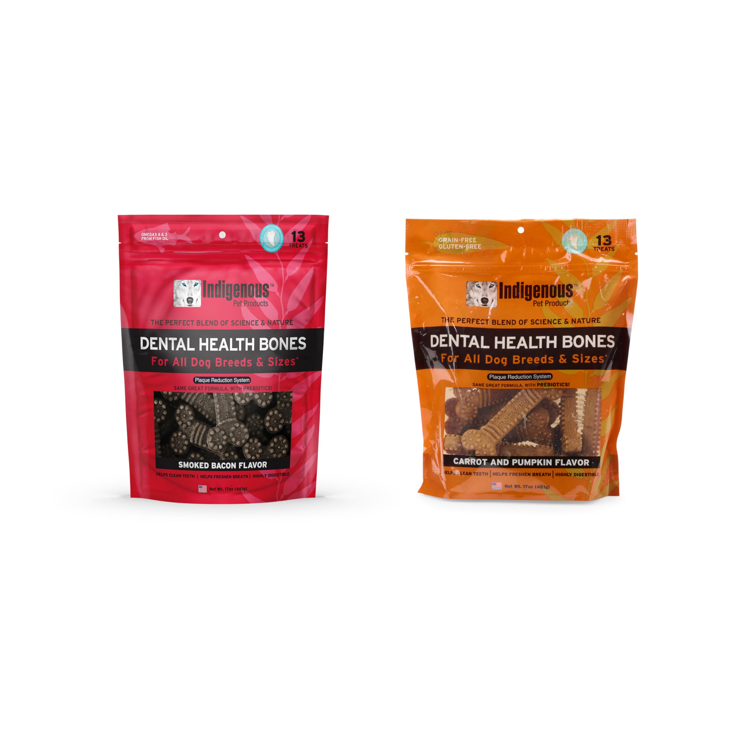 Indigenous carrot-pumpkin dental bones 17oz offer a savory alternative for varied chews.