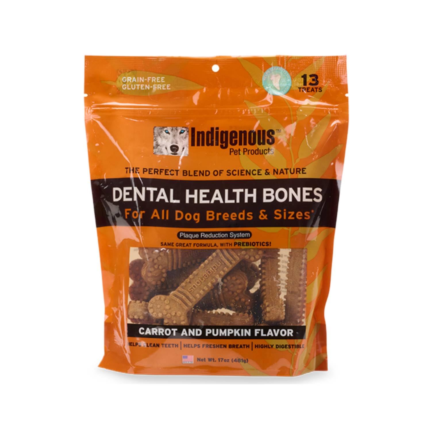 Indigenous Dental Health Bones packaging highlights carrot pumpkin flavor for canine dental care