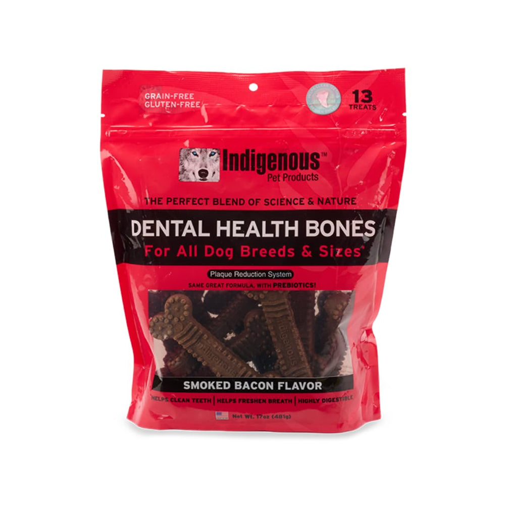 Indigenous Dental Health Bones smoked bacon flavor close-up showing grain-free chews for canine dental care