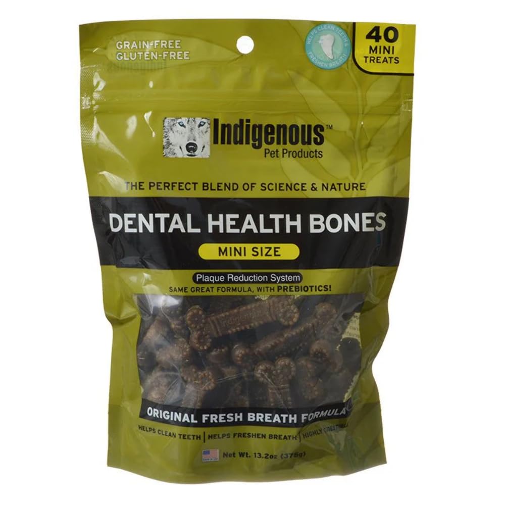 Indigenous dental mini fresh-breath bone for dogs promotes dental health and tasty rewards.