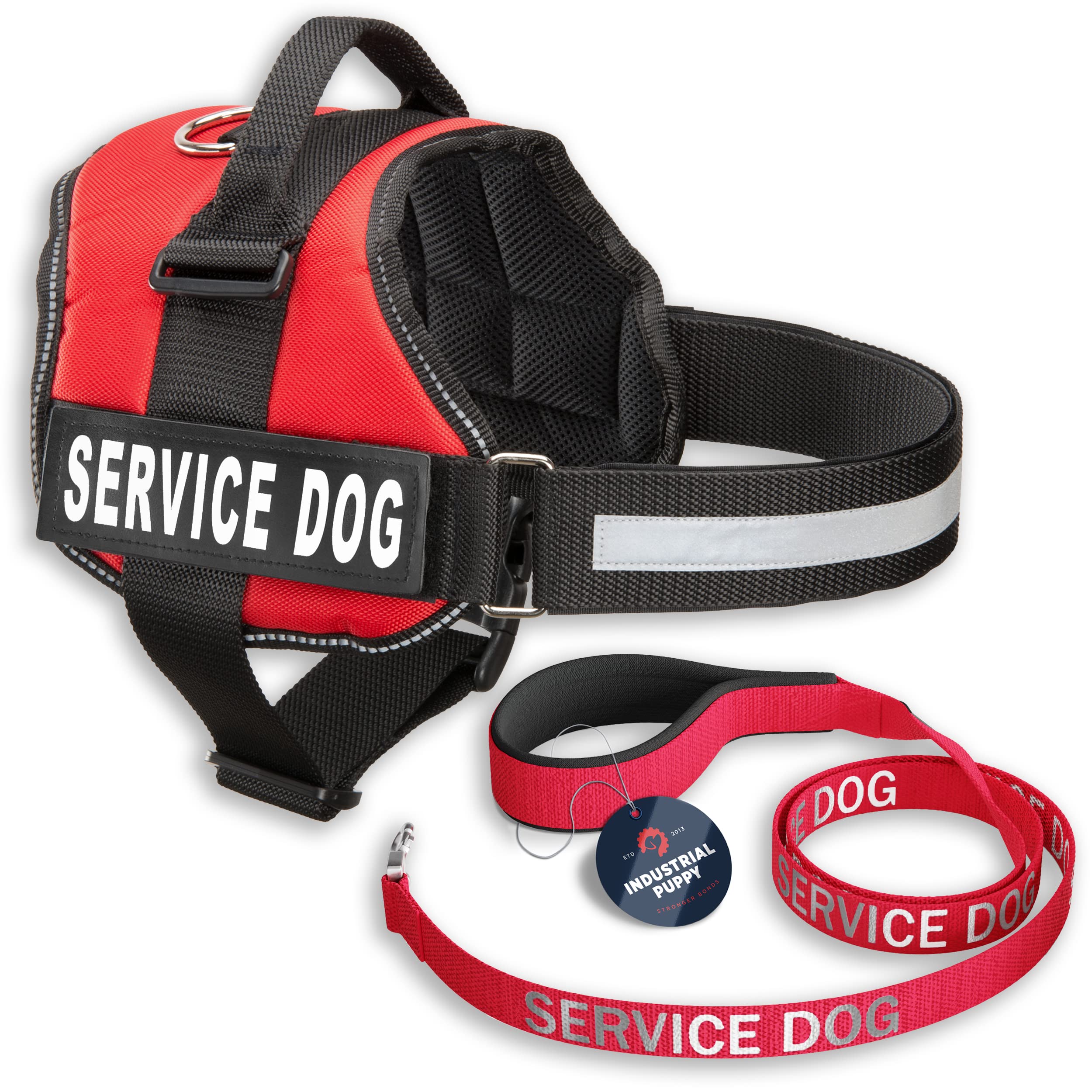 Industrial Puppy service dog vest closeup showing sturdy belly buckle for quick dressing.