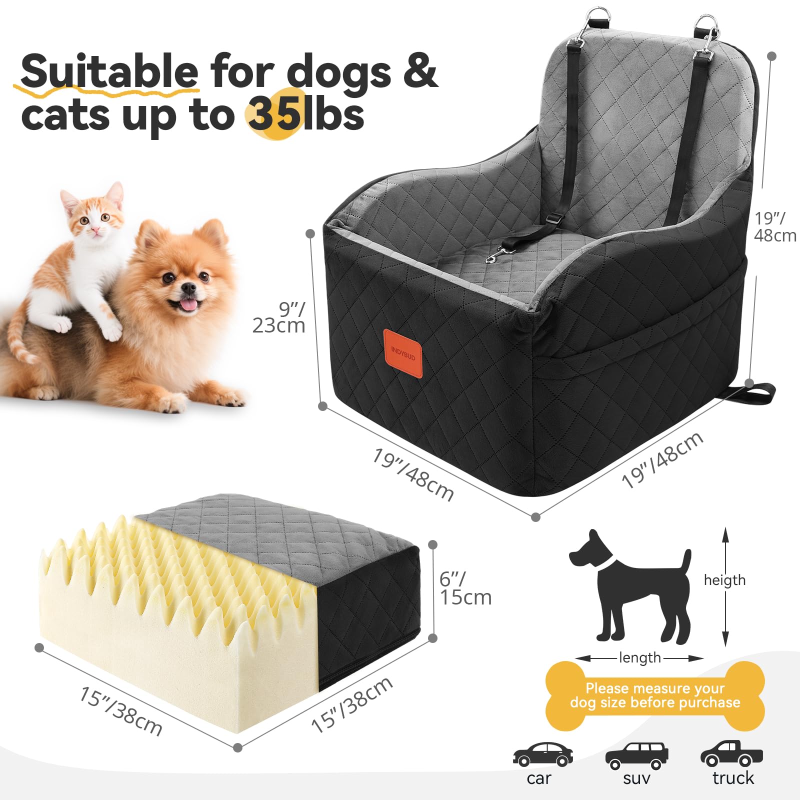 INDYBUD dog car seat back view demonstrates compact fit for small to medium dogs