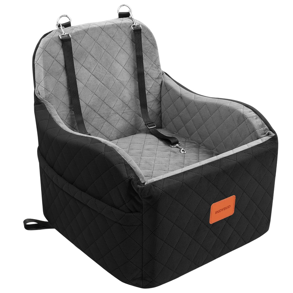 INDYBUD dog car seat front view with secure harness attachment for safe travel