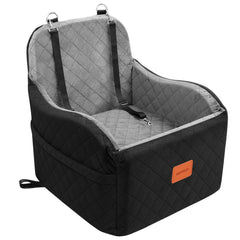 INDYBUD dog car seat front view with secure harness attachment for safe travel