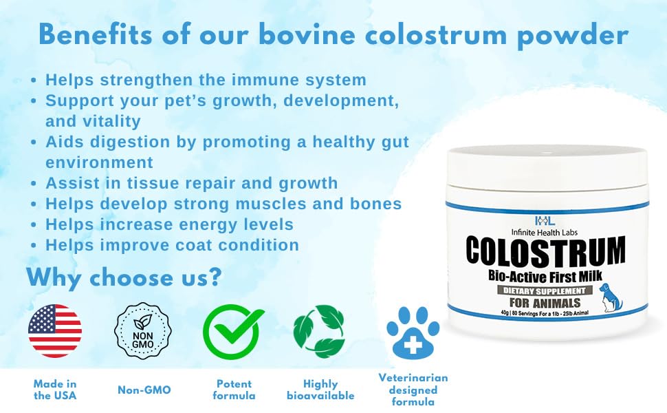 Infinite Health Labs Bio-Active Colostrum powder whisked into warm water for bottle feeding