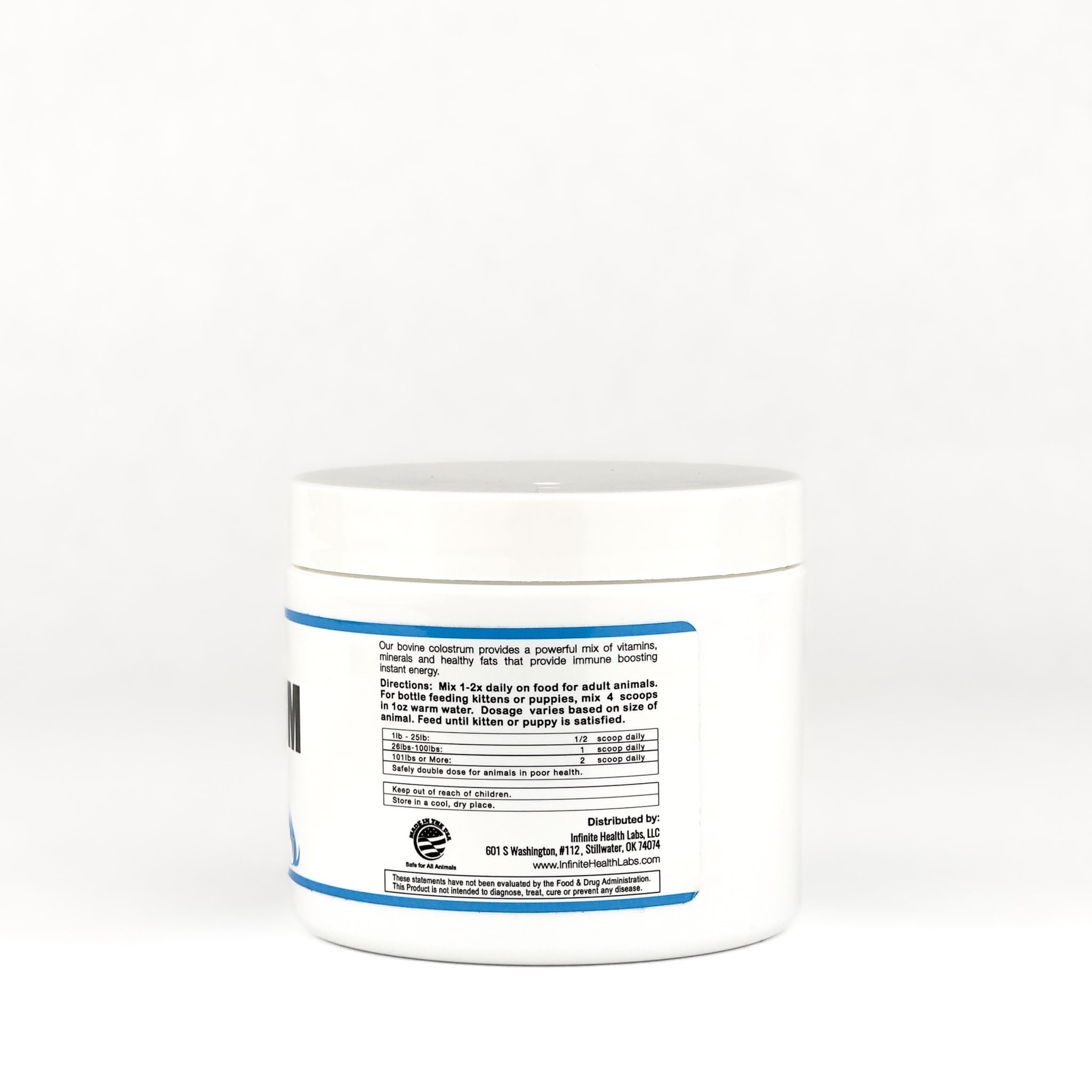 Infinite Health Labs Bio-Active Colostrum packaging shows USA-made quality