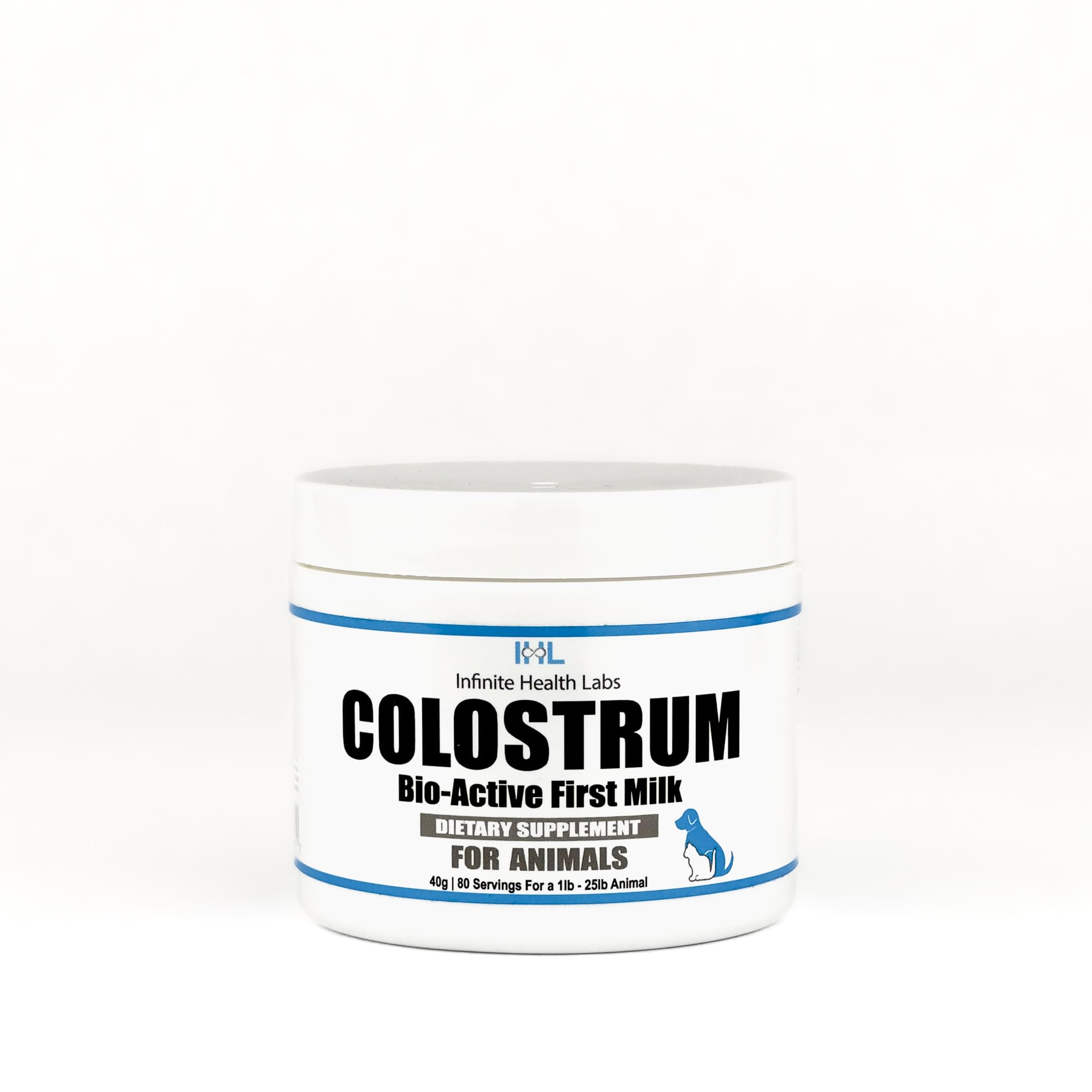 Infinite Health Labs Bio-Active Colostrum powder in dog bowl for daily wellness