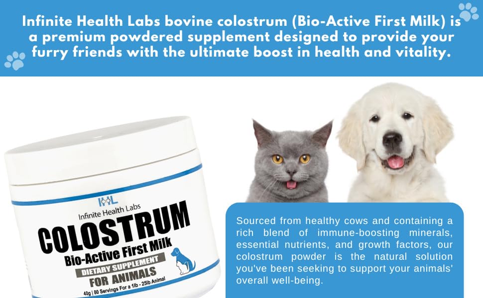 Infinite Health Labs Bio-Active Colostrum powder stirred into cat food for easier feeding