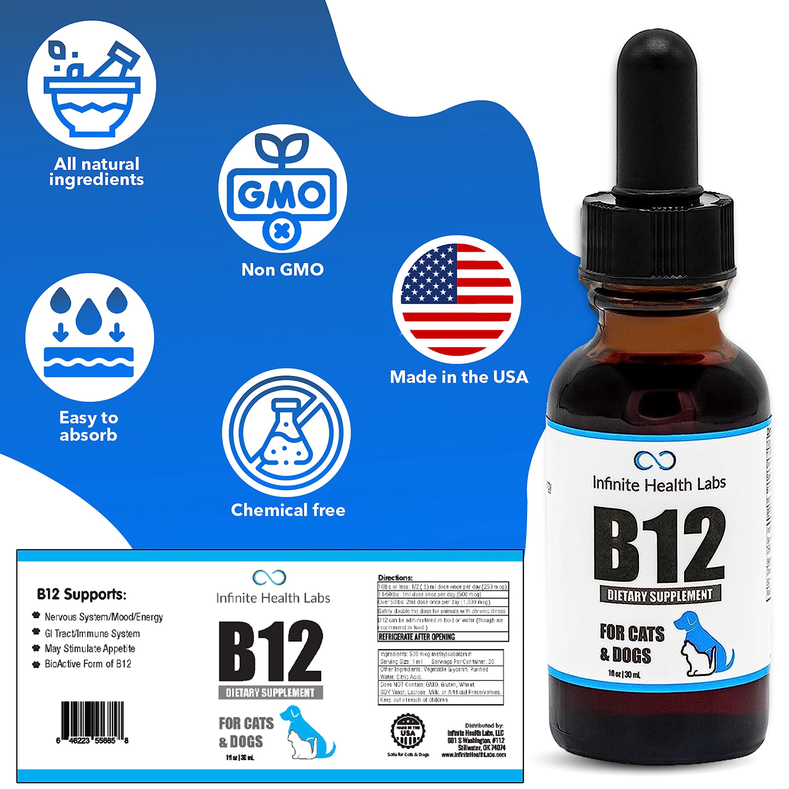 Infinite Health Labs Liquid B-12 label closeup highlights bioactive methylcobalamin.