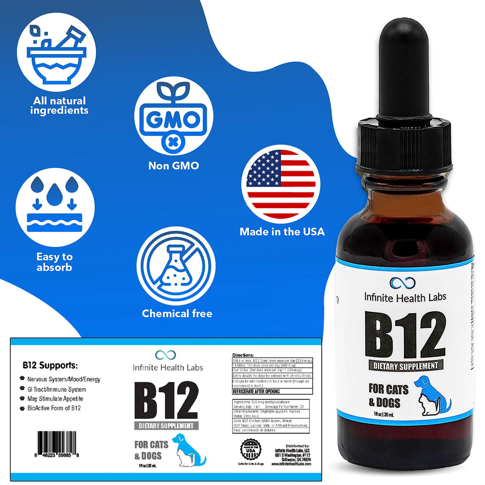 Infinite Health Labs Liquid B-12 label closeup highlights bioactive methylcobalamin.