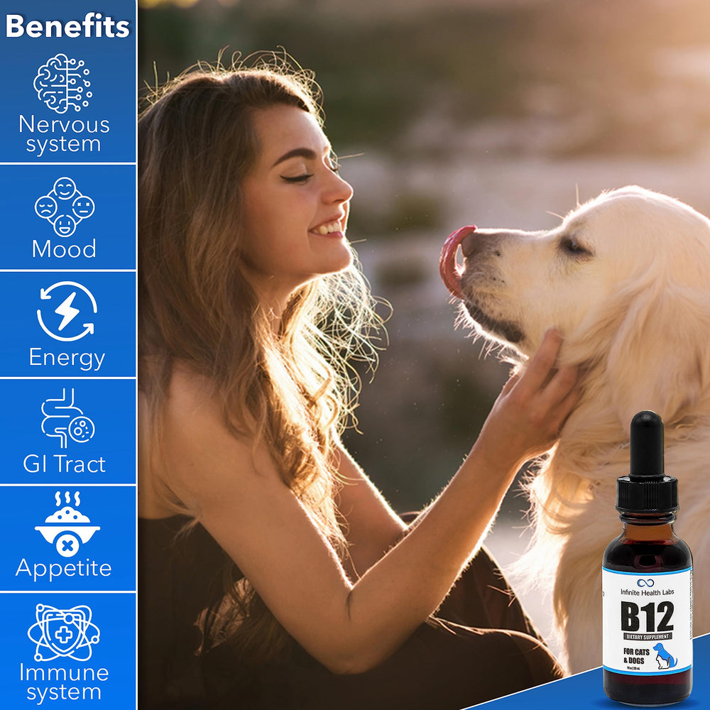 Infinite Health Labs Liquid B-12 vet-formulated label conveys trusted care.