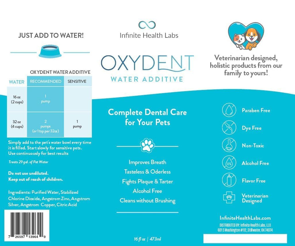 Infinite Health Labs Oxydent packaging emphasizes veterinarian-owned brand origin.