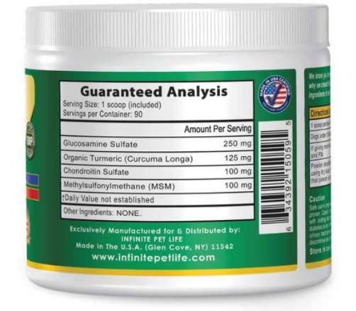 Infinite Pet Life hip & joint powder on active dog during outdoor play.