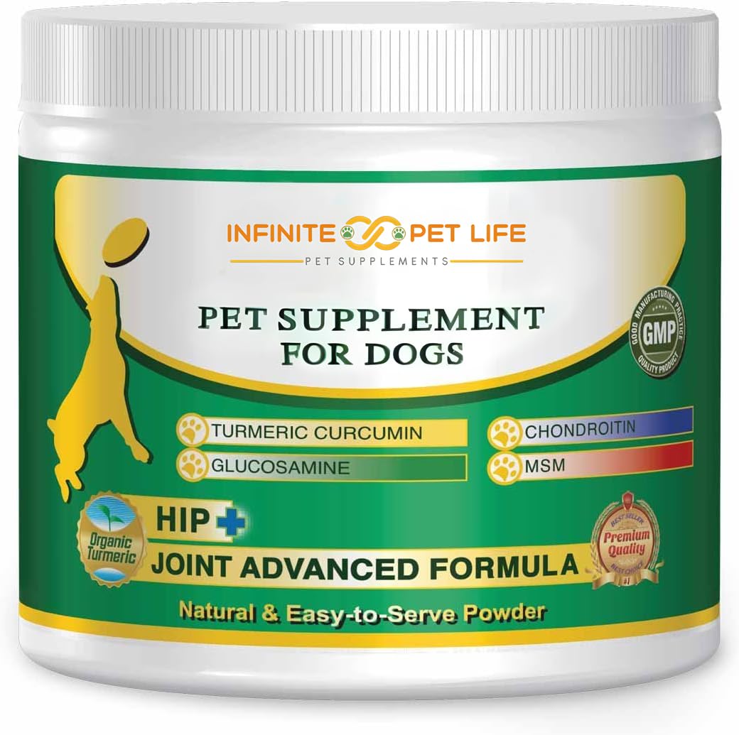 Infinite Pet Life hip & joint powder dispense showing simple sprinkle usage.