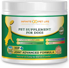 Infinite Pet Life hip & joint powder dispense showing simple sprinkle usage.
