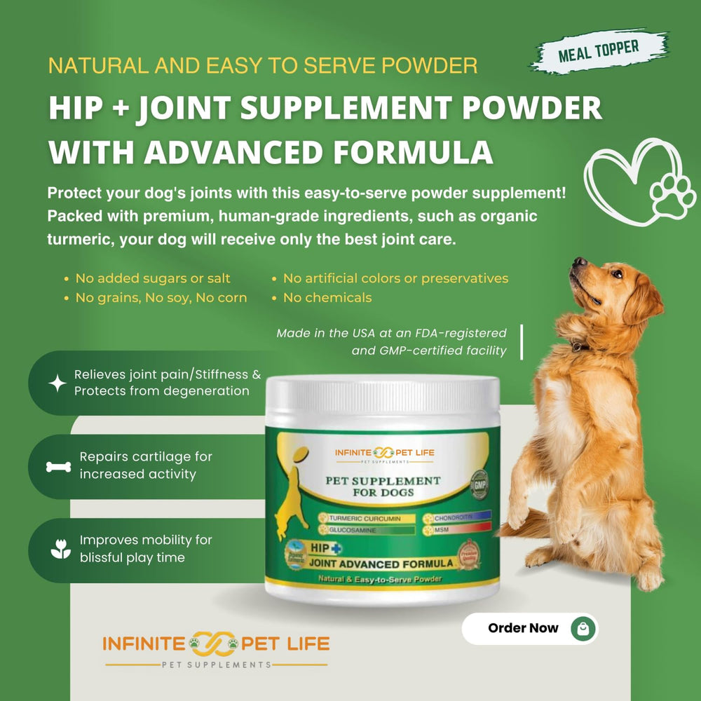 Infinite Pet Life hip & joint powder sprinkled on dogs meals for mobility support.
