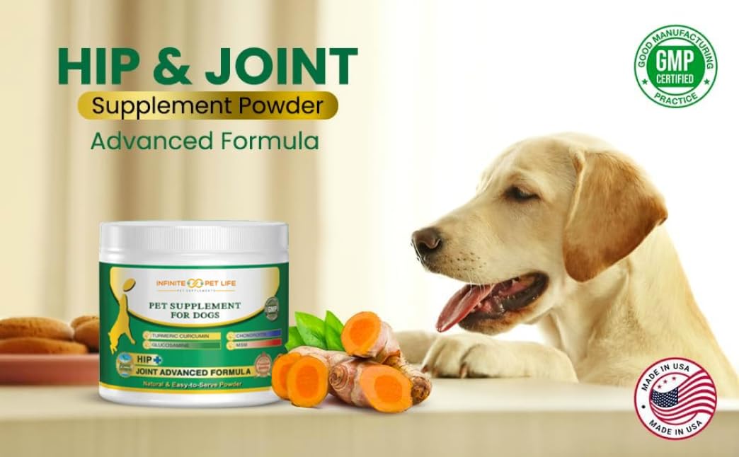 Infinite Pet Life hip & joint powder label with clear usage and ingredients.