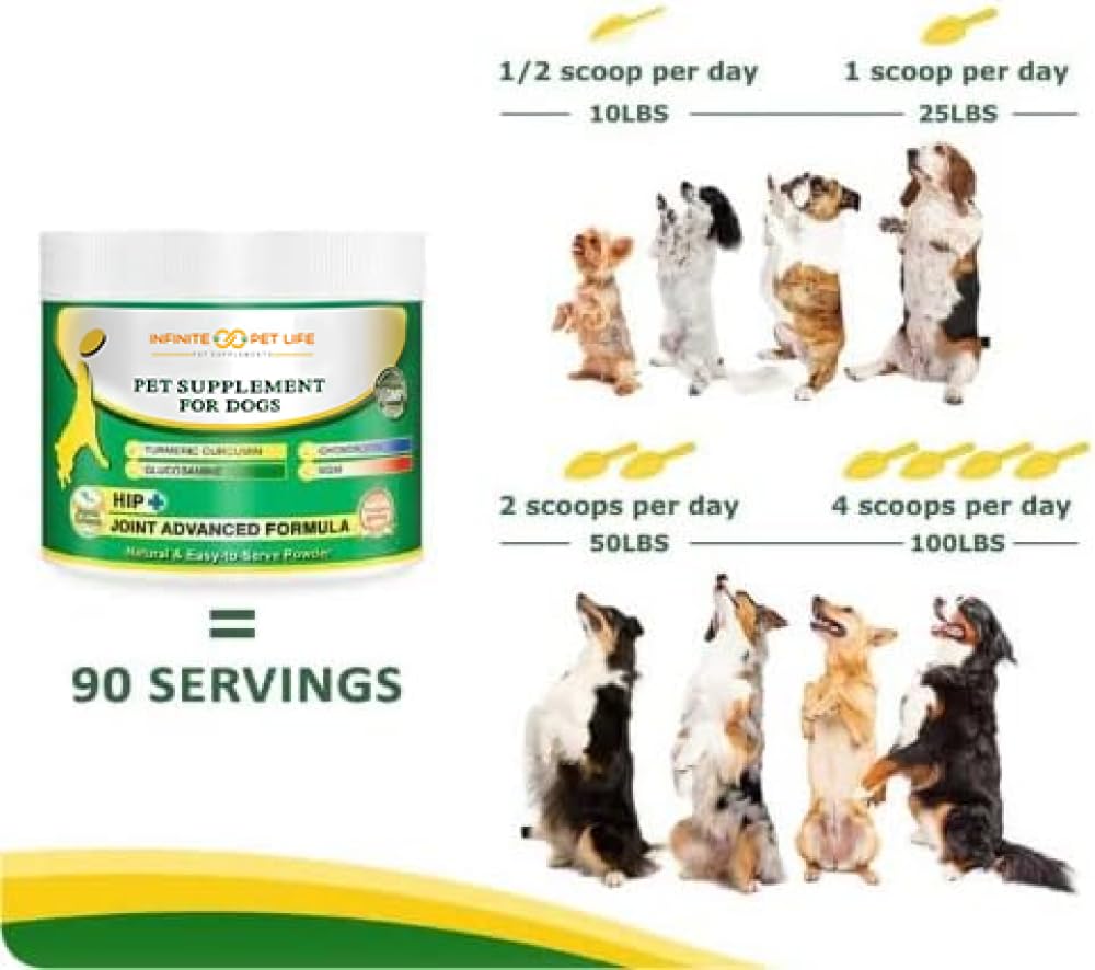 Infinite Pet Life hip & joint powder turmeric ingredient highlighting natural flavor blend.