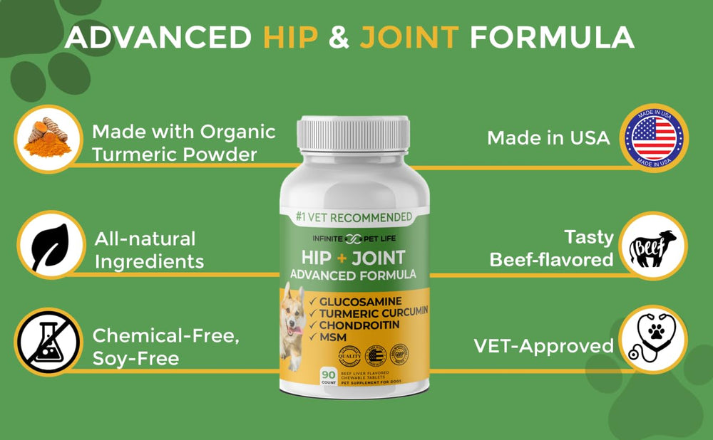 Ingredient close-up shows glucosamine, chondroitin, MSM, turmeric in Infinite Pet Supplements