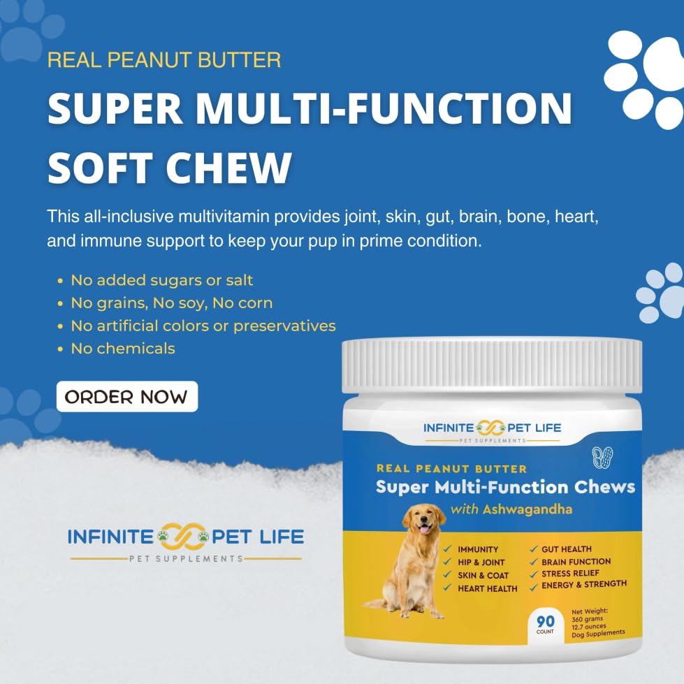 Infinite Pet Supplements Ashwagandha dog chews closeup highlights natural adaptogens for daily vitality.