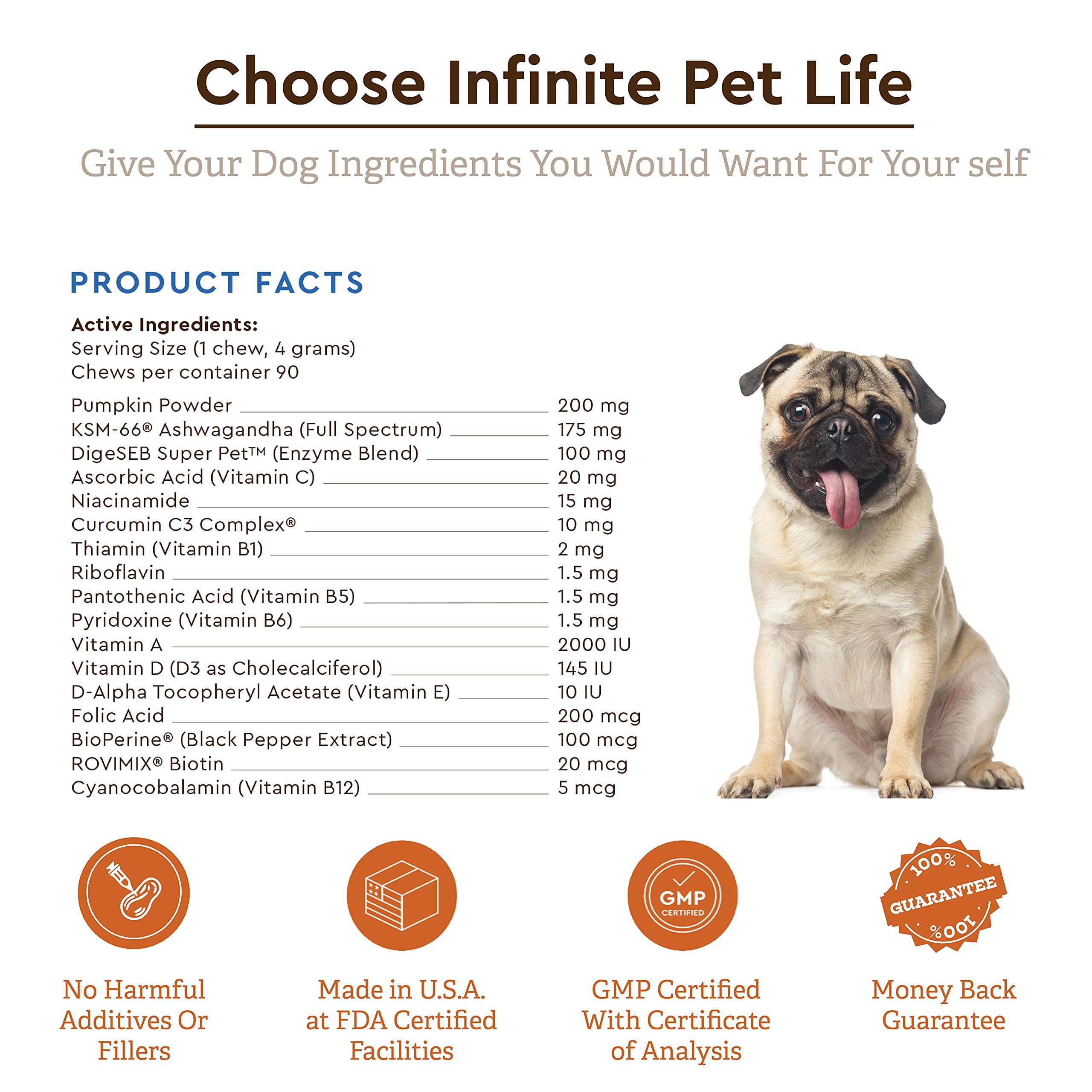 Infinite Pet Supplements Vitamin-C ingredient label closeup highlights immune-supporting vitamins.