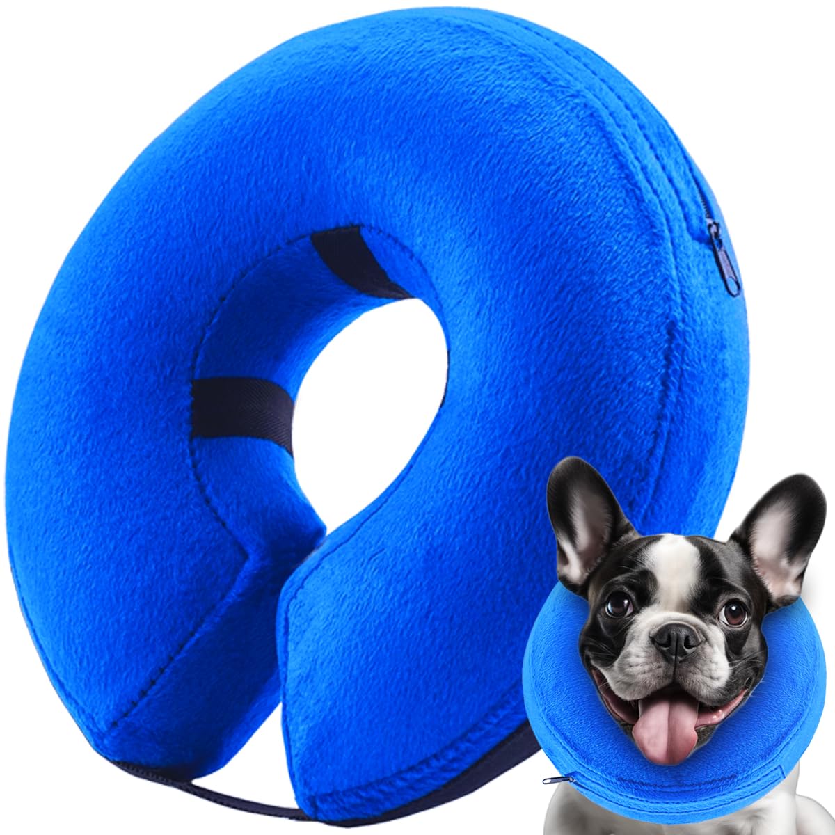 Infisu inflatable dog cone collar blue front view supports comfortable recovery and visibility.