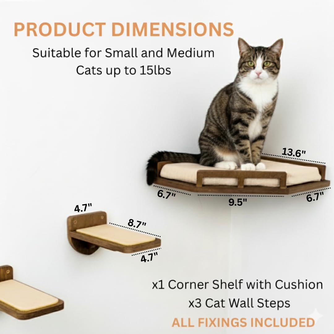 INICIO cat wall shelves 3-step layout demonstrates easy setup for climbing and lounging.