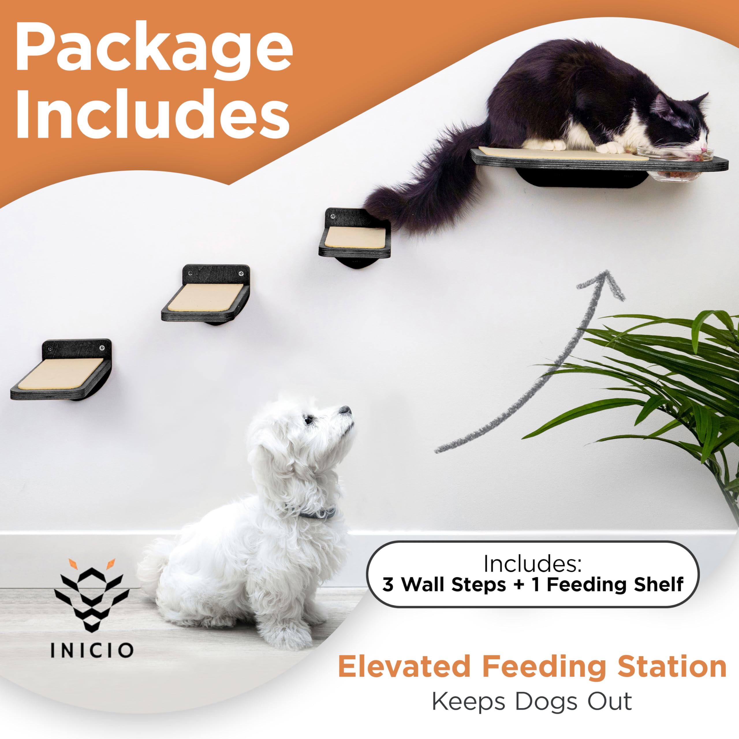 INICIO Cat Wall Shelves wall-mounted design blends with decor for stylish cat feeding.