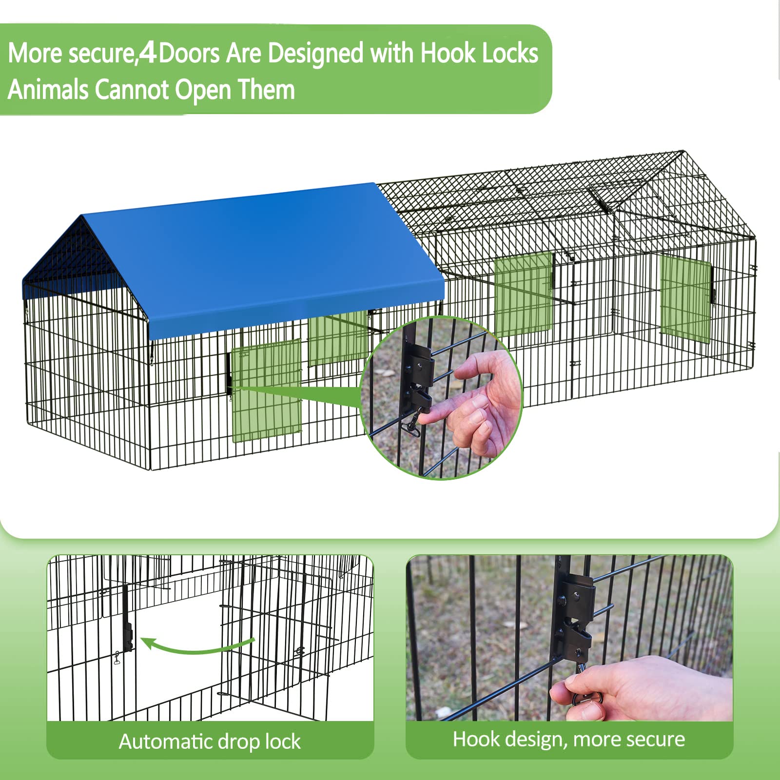 INJOPEXI metal chicken coop door locks closeup with four-buckle safety design.