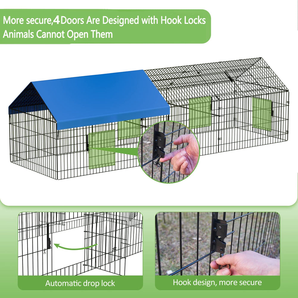 INJOPEXI metal chicken coop door locks closeup with four-buckle safety design.