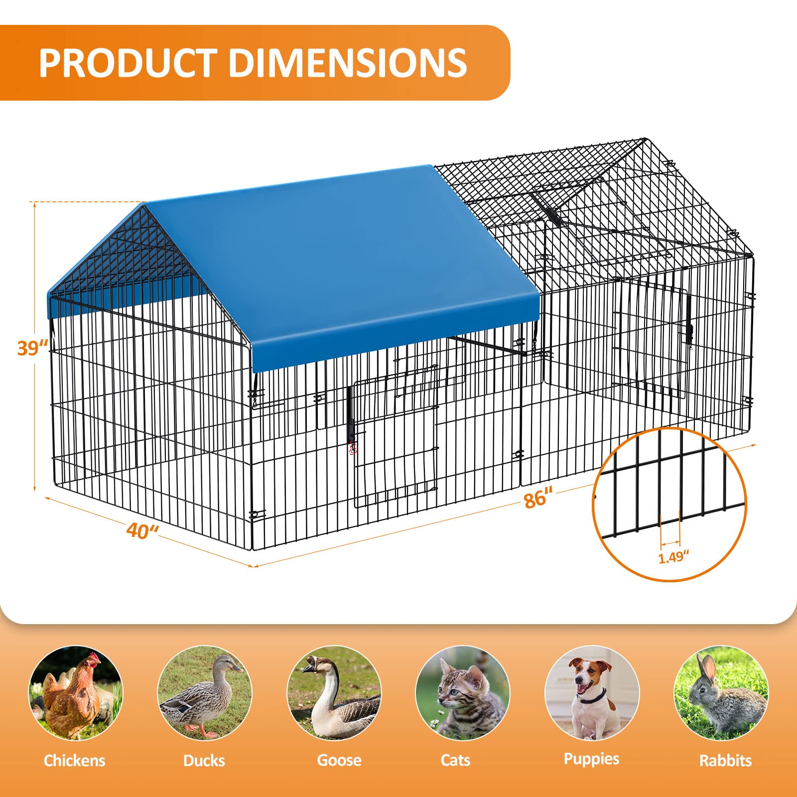 INJOPEXI metal chicken coop front-angled view shows sturdy frame.