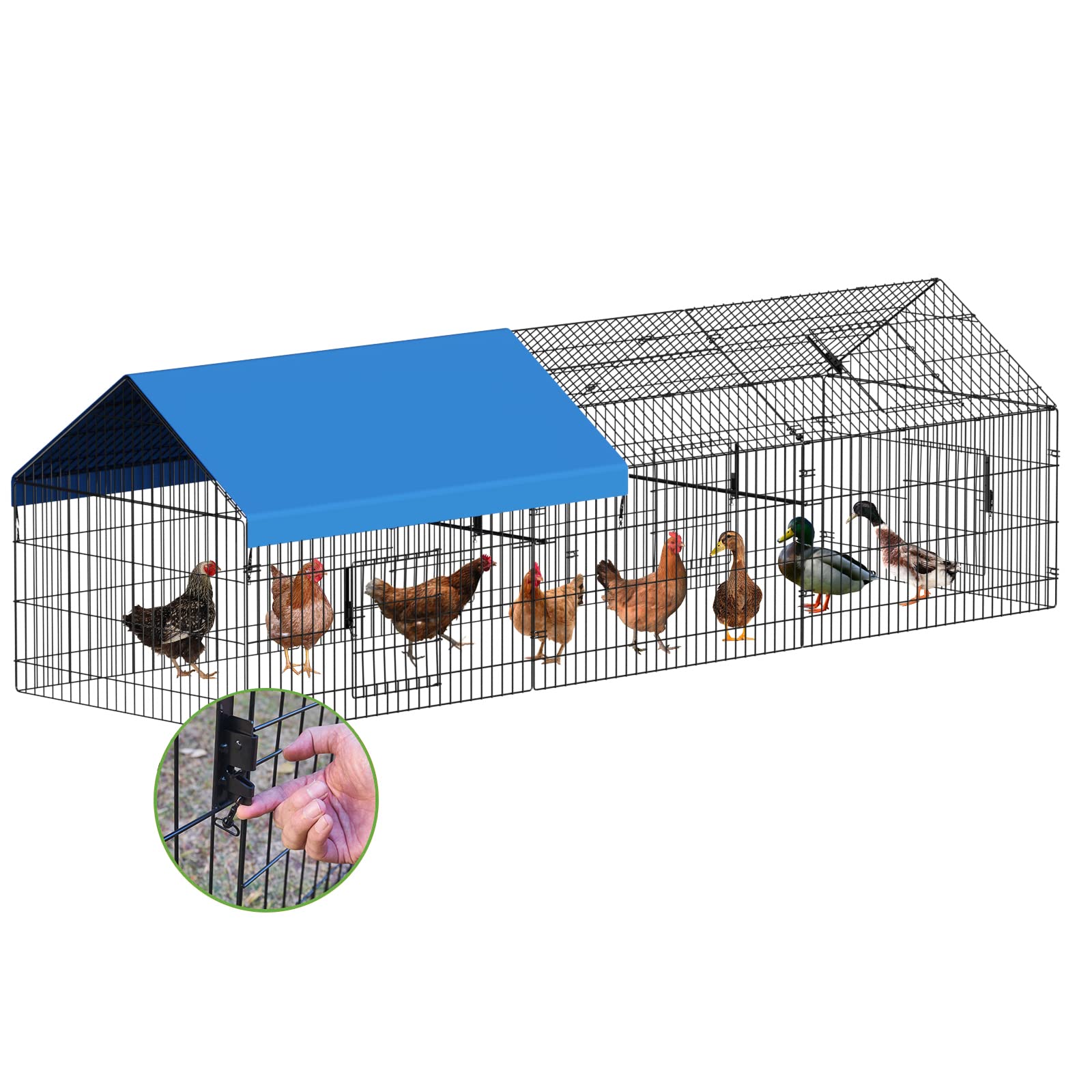INJOPEXI metal chicken coop front view highlighting secure, spacious outdoor run.