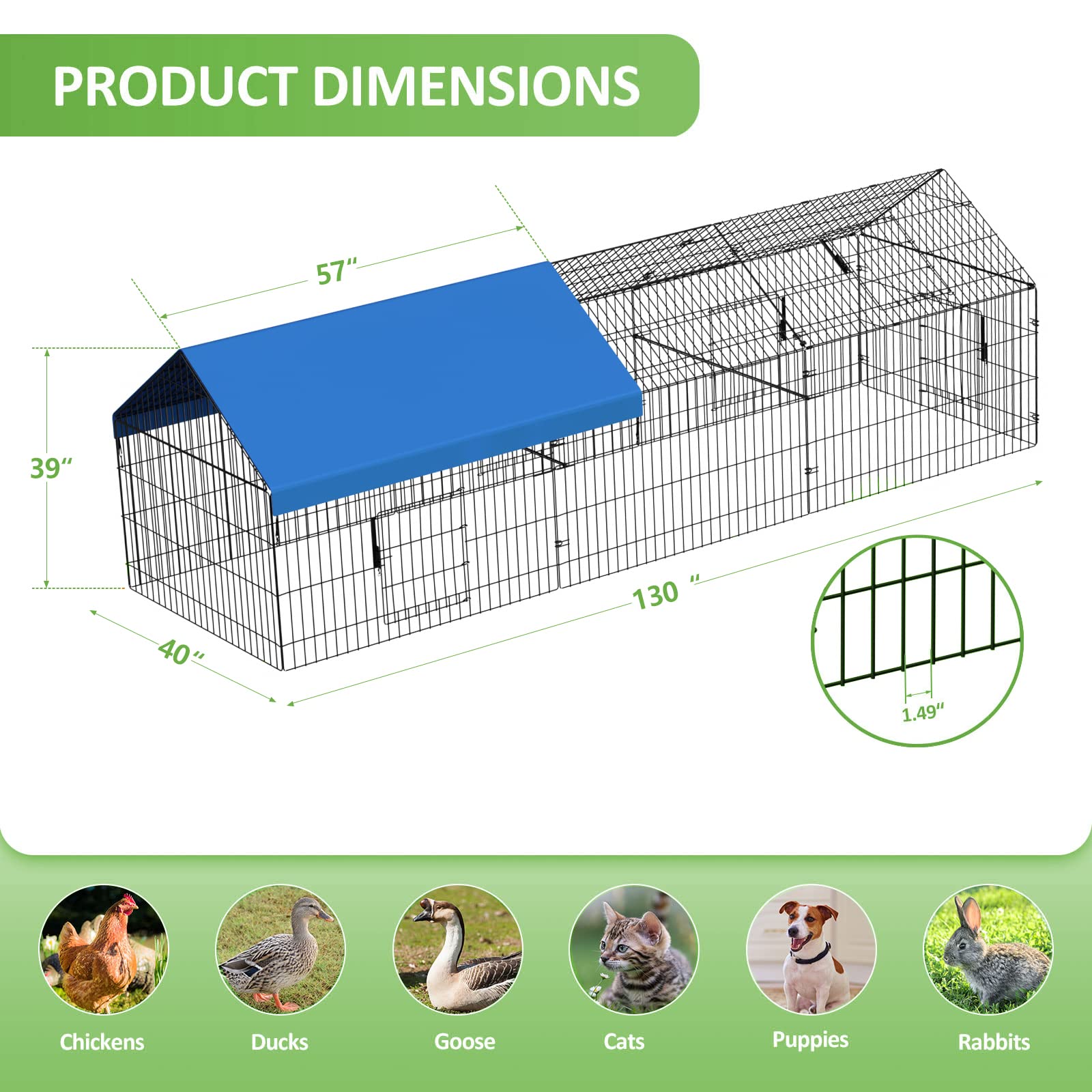 INJOPEXI metal chicken coop top view showing interior space for 8–12 hens.