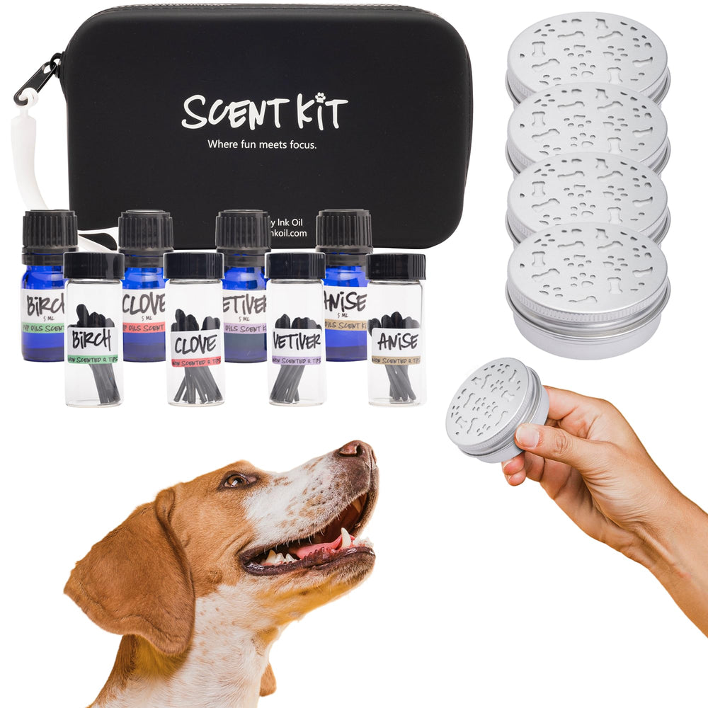 Ink Oil Pup Scent Work Kit bottles show four target scents for portable training sessions.