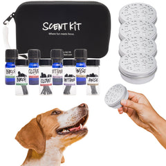 Ink Oil Pup Scent Work Kit bottles show four target scents for portable training sessions.