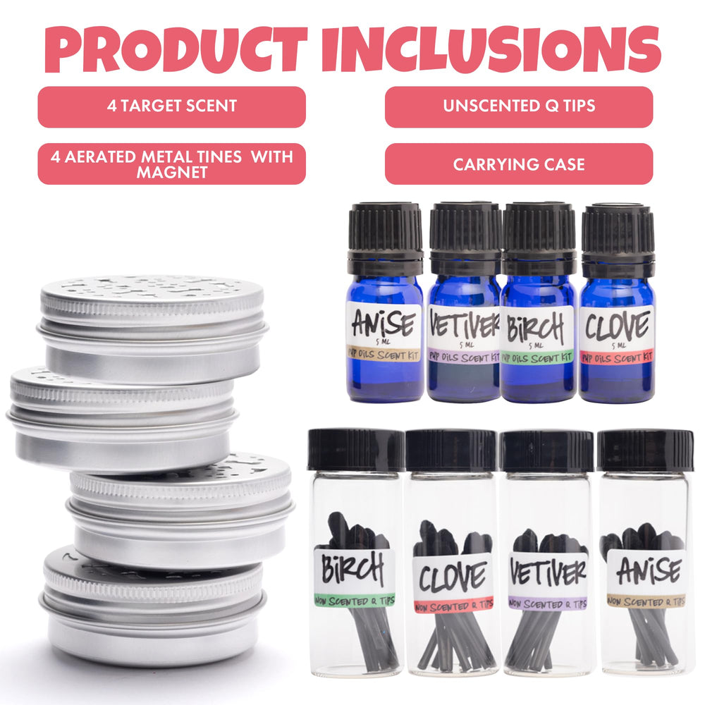 Ink Oil Pup Scent Work Kit swabs demonstrate unscented, cotton tools for safe scent exploration.