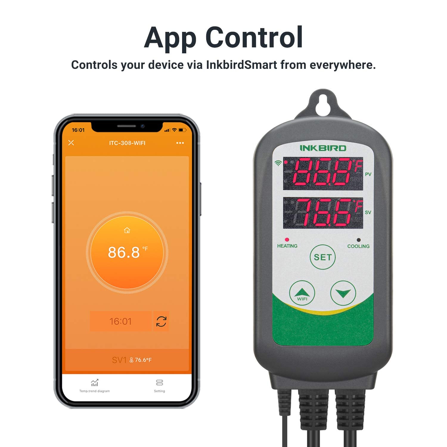 Inkbird WiFi ITC-308 app control via InkbirdSmart enables remote temperature management.