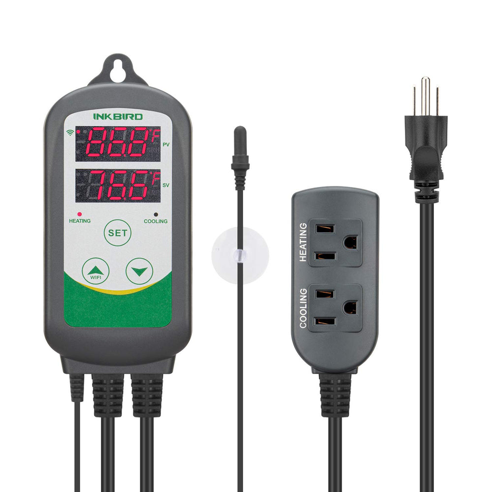 Inkbird WiFi ITC-308 front display shows current and set temperatures for aquarium control.