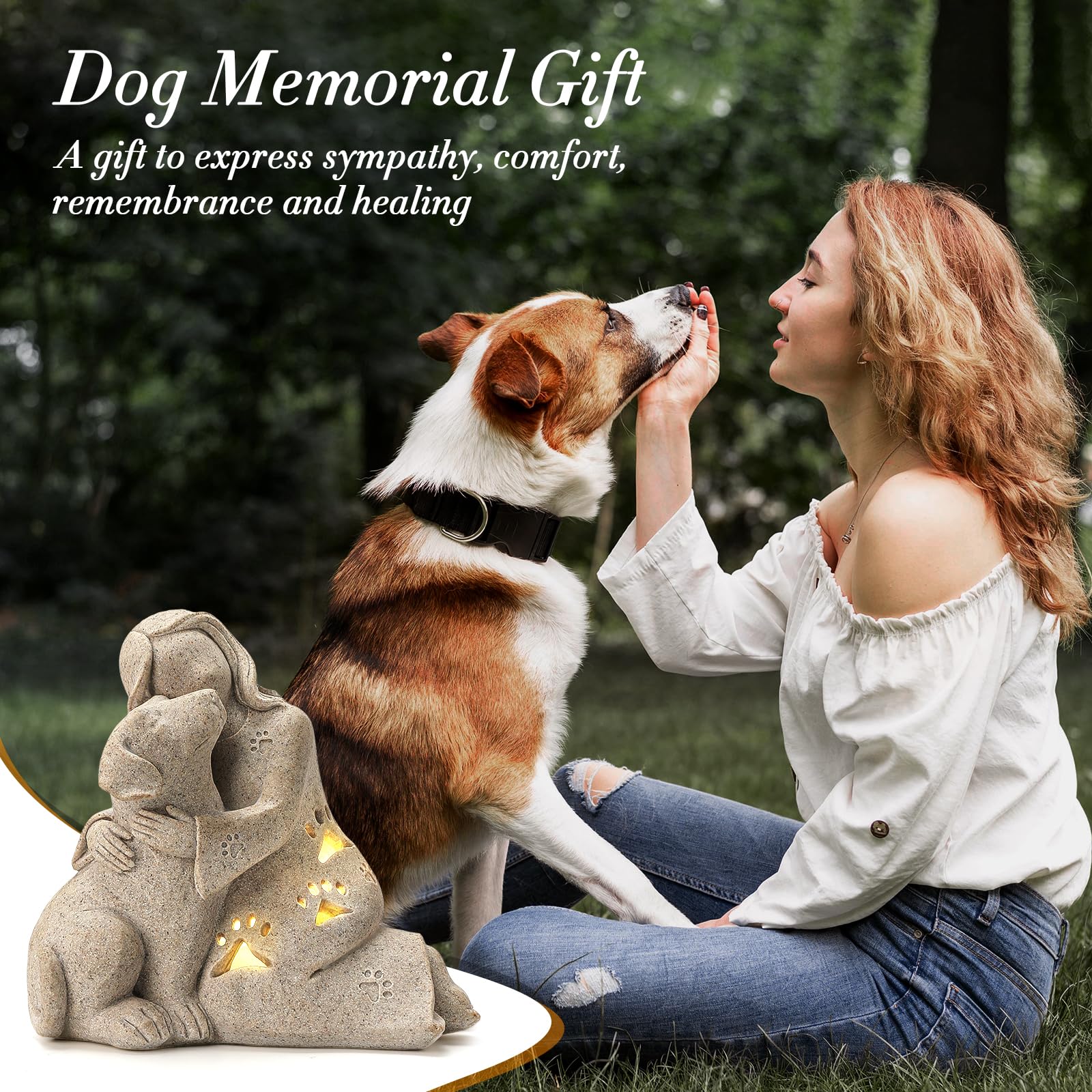 INLOMEM dog memorial sculpture side angle evokes remembrance and serenity on a shelf.