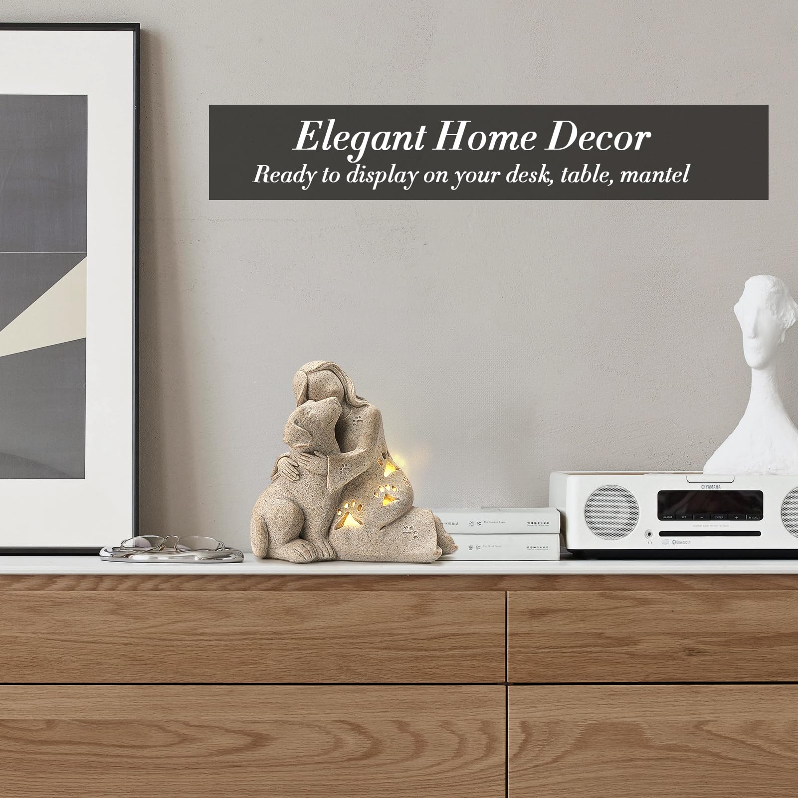 INLOMEM dog memorial displayed on mantel for cherished memories.