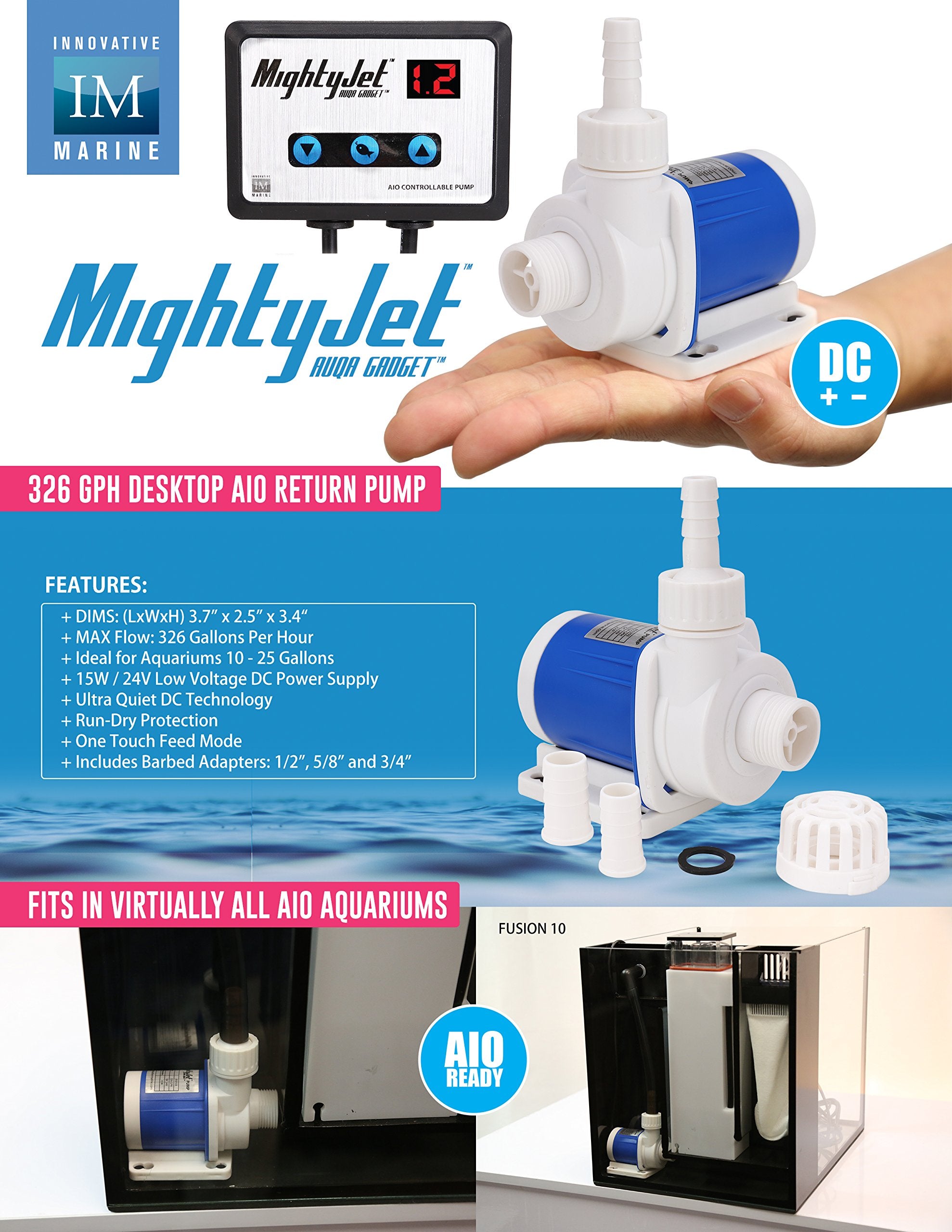 Innovative Marine Mighty Jet DC return pump with barbed adapters for flexible tubing