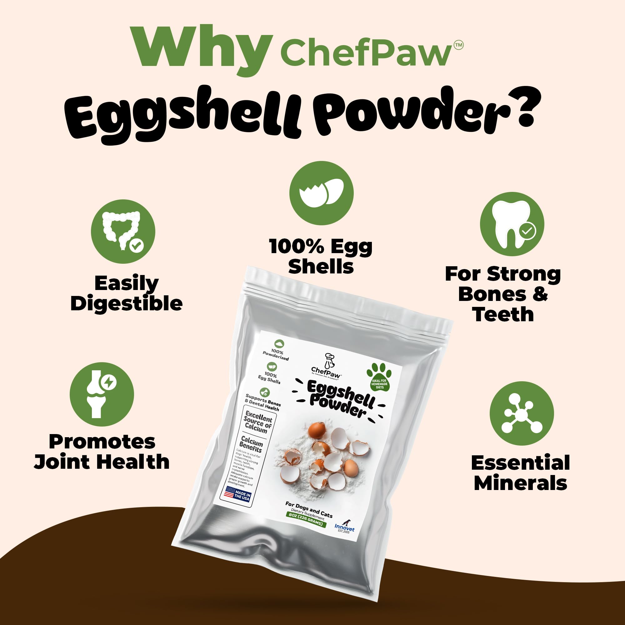 Innovet ChefPaw, calcio natural para apoyar huesos fuertes en perros activos.