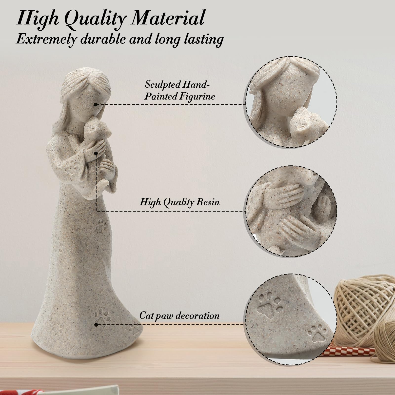 INLOMEM six-inch tall angel statue highlights comforting memorial for cat lovers.