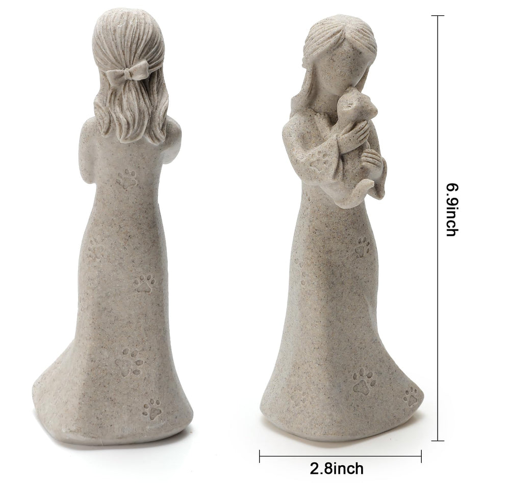 INLOMEM white dress angel holding gray cat conveys sympathy and lasting tribute.