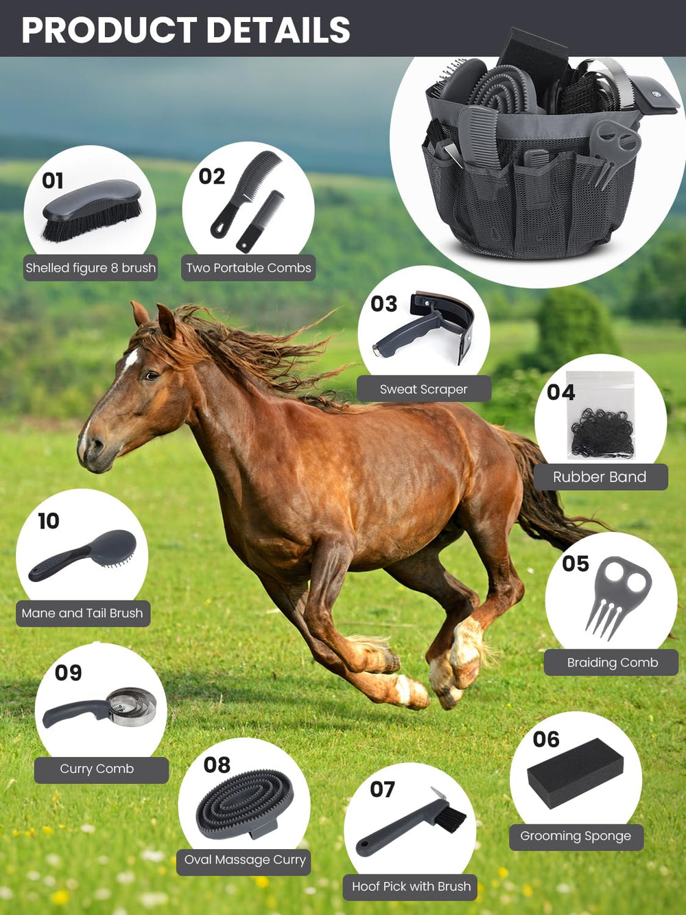 INOREAL horse grooming kit brushes closeup: durable brushes remove dirt while giving gentle massages